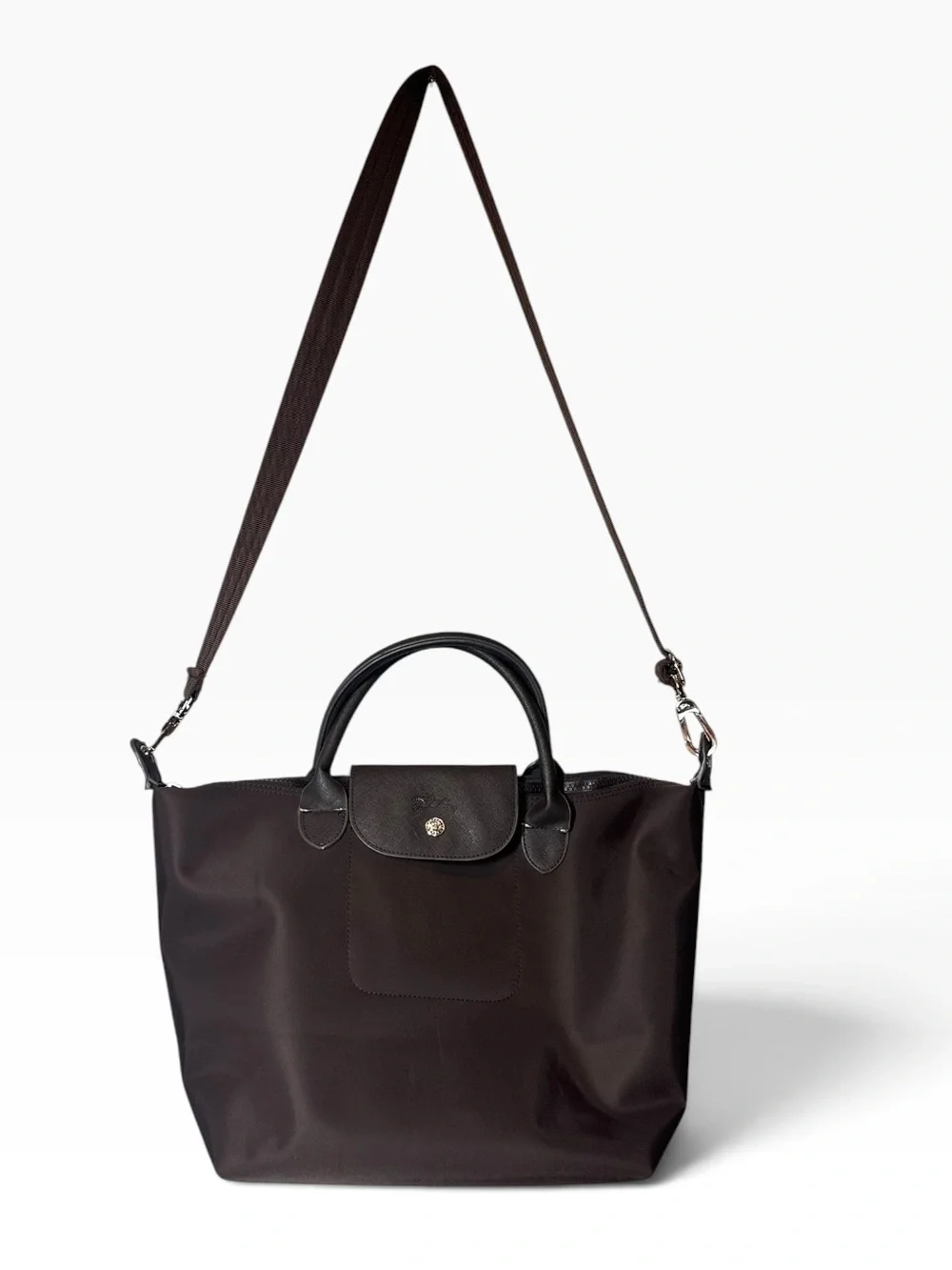 LONGCHAMP Le Pliage Original Dark Brown Tote Silver Hardware